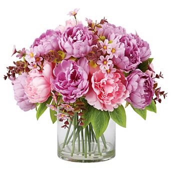 Artificial Peony Arrangement in Glass Vase Real Touch Silk Peonies with Faux Water Decorative Flower
