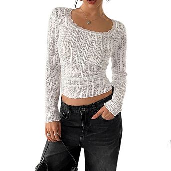 Women's Lace Sheer Mesh Long Sleeve Square Neck Crop Top See Through Blouse