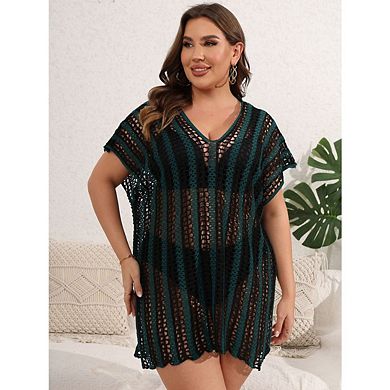 Womens Plus Size Crochet Swimsuit Beach Cap Sleeve Mesh Knit Bathing Suit Swim Coverups