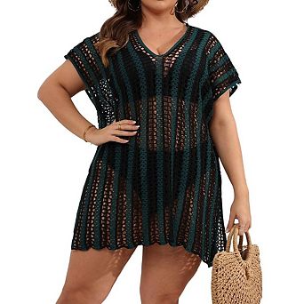 Womens Plus Size Crochet Swimsuit Beach Cap Sleeve Mesh Knit Bathing Suit Swim Coverups