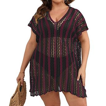 Womens Plus Size Crochet Swimsuit Beach Cap Sleeve Mesh Knit Bathing Suit Swim Coverups