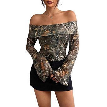 Women's Print Off the Shoulder Long Sleeve Going Out Tops Mesh Crop Blouse