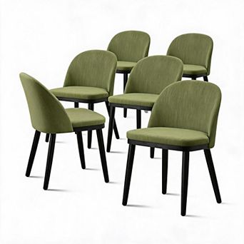 Set of 6 Modern Leather Dining Chairs, Thick Cushion Curved Back, Wooden Legs for Dining Room & Cafe
