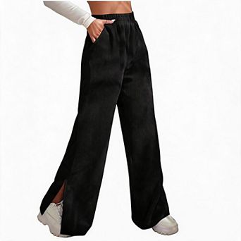 Women's Corduroy Wide Leg Pants, Elastic High Waist Slit Palazzo Trousers with Pockets