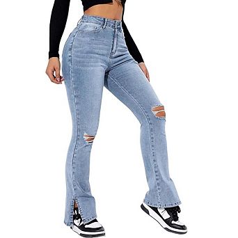 Women's High Waist Distressed Jeans, Stretchy Hole Boyfriend Wide Leg Denim Pants Loose Fit