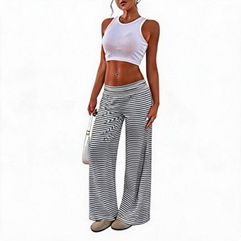 Women's Spring Striped Palazzo Pants Low Waist Drawstring Wide Leg Casual Loose Lounge Trousers