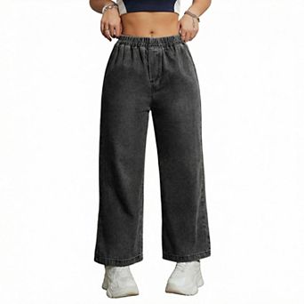 Women Elastic Waist Vintage Wash Wide Leg Jeans Summer Casual Loose Straight Denim Long Pants Pocket
