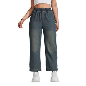 Women Elastic Waist Vintage Wash Wide Leg Jeans Summer Casual Loose Straight Denim Long Pants Pocket