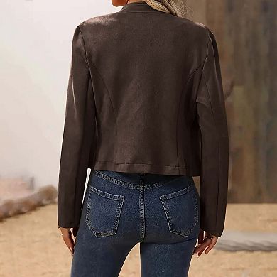Women Faux Suede Jacket Long Sleeve Slim Outwear