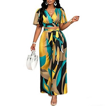 Women's 2 pc Crop Top & Wide Leg Pants Set, Flutter Sleeve V-Neck with Waist Tie