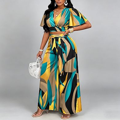 Women's 2-Piece Crop Top & Wide Leg Pants Set, Flutter Sleeve V-Neck with Waist Tie