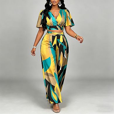 Women's 2-Piece Crop Top & Wide Leg Pants Set, Flutter Sleeve V-Neck with Waist Tie