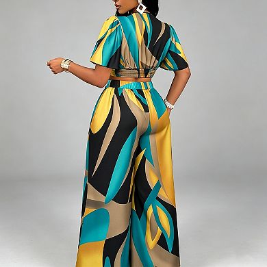 Women's 2-Piece Crop Top & Wide Leg Pants Set, Flutter Sleeve V-Neck with Waist Tie