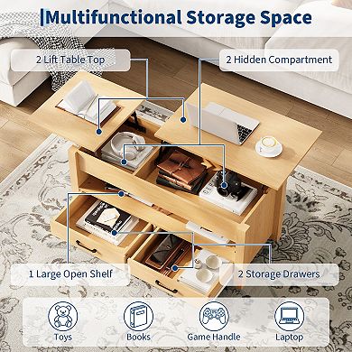 47.2 Inch Lift Top Coffee Table, Adjustable Height Wooden Center Table with 2 Drawers