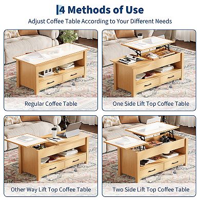 47.2 Inch Lift Top Coffee Table, Adjustable Height Wooden Center Table with 2 Drawers