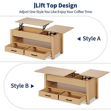 47.2 Inch Lift Top Coffee Table, Adjustable Height Wooden Center Table with 2 Drawers