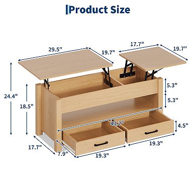 47.2 Inch Lift Top Coffee Table, Adjustable Height Wooden Center Table with 2 Drawers