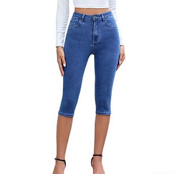 Women's High Waist Denim Pants Capris, Stretchy Slim Fit Cropped Jeans with Slit Hem