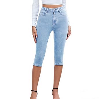 Women's High Waist Denim Pants Capris, Stretchy Slim Fit Cropped Jeans with Slit Hem