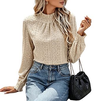 Women Long Sleeve Eyelet Blouse Mock Neck Smocked Top Casual Hollow Out Lace Shirt