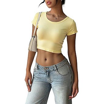 Women's Short Sleeve Crop Top Scoop Neck Fitted Basic Casual Ribbed T-Shirt