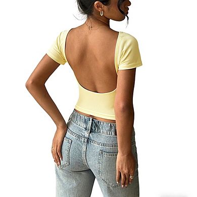 Women's Short Sleeve Crop Top Scoop Neck Fitted Basic Casual Ribbed T-Shirt