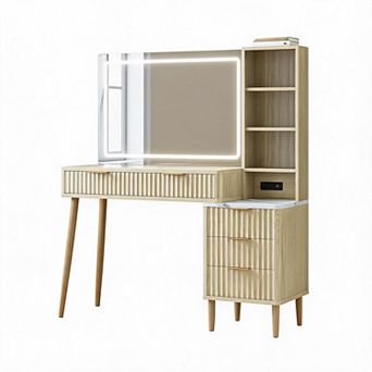 Vanity Desk with Mirror, LED Lights & Power Outlet 5 Drawers & 3 Shelves for Bedroom Dressing Table