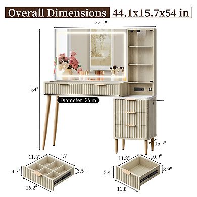Vanity Desk with Mirror, LED Lights & Power Outlet 5 Drawers & 3 Shelves for Bedroom Dressing Table