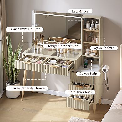 Vanity Desk with Mirror, LED Lights & Power Outlet 5 Drawers & 3 Shelves for Bedroom Dressing Table