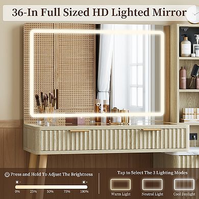 Vanity Desk with Mirror, LED Lights & Power Outlet 5 Drawers & 3 Shelves for Bedroom Dressing Table