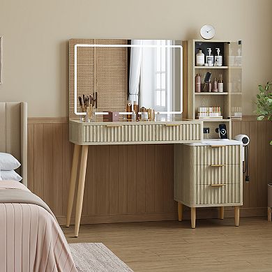 Vanity Desk with Mirror, LED Lights & Power Outlet 5 Drawers & 3 Shelves for Bedroom Dressing Table