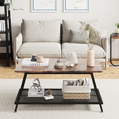 Industrial 2-tier 39" Coffee Table with Storage Shelf, Center Table for Living Room