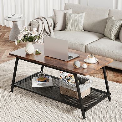 Industrial 2-tier 39" Coffee Table with Storage Shelf, Center Table for Living Room