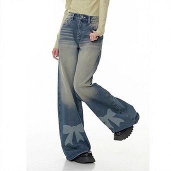 Women's High Waisted Casual Trousers Wide Leg Bow Print Gradient Wash Denim Jeans