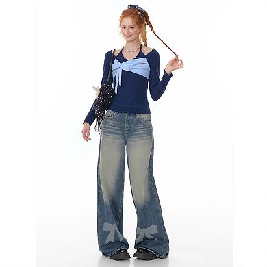 Women's High Waisted Casual Trousers Wide Leg Bow Print Gradient Wash Denim Jeans