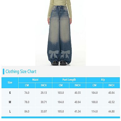 Women's High Waisted Casual Trousers Wide Leg Bow Print Gradient Wash Denim Jeans