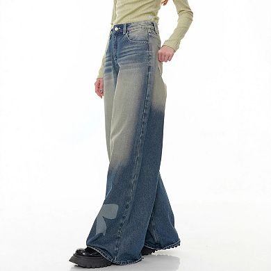 Women's High Waisted Casual Trousers Wide Leg Bow Print Gradient Wash Denim Jeans
