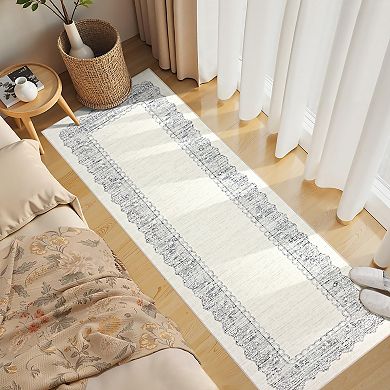 Scalloped Edge Neutral Mat Lace-Inspired Washable Floor Carpet with Anti-Skid Backing