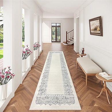 Scalloped Edge Neutral Mat Lace-Inspired Washable Floor Carpet with Anti-Skid Backing