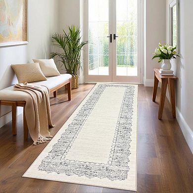 Scalloped Edge Neutral Mat Lace-Inspired Washable Floor Carpet with Anti-Skid Backing