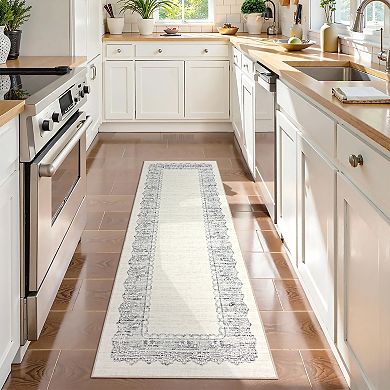Scalloped Edge Neutral Mat Lace-Inspired Washable Floor Carpet with Anti-Skid Backing
