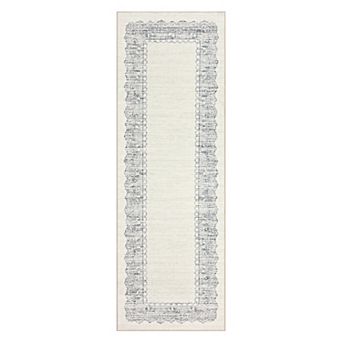Scalloped Edge Neutral Mat Lace-Inspired Washable Floor Carpet with Anti-Skid Backing