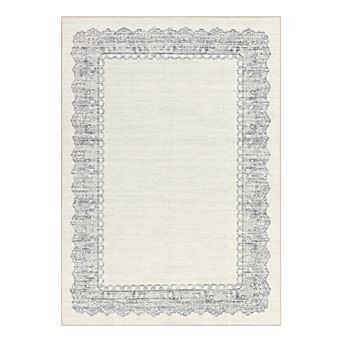 Scalloped Edge Neutral Mat Lace-Inspired Washable Floor Carpet with Anti-Skid Backing