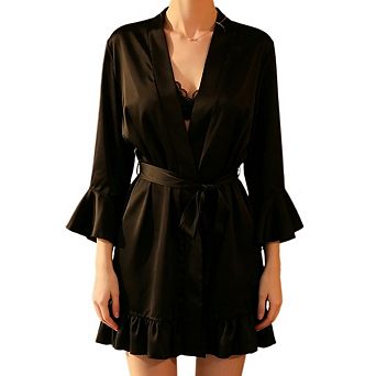 Silk Robes For Women Short Ruffle Hem V Neck Satin Lightweight Kimono Brides Bathrobes Sleepwear