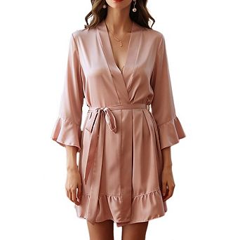 Silk Robes For Women Short Ruffle Hem V Neck Satin Lightweight Kimono Brides Bathrobes Sleepwear