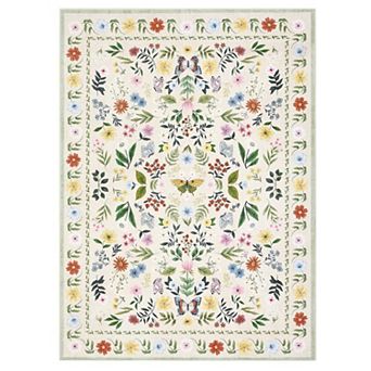 Pink Indoor Farmhouse Soft Non Slip Floral Butterflies Print Machine Washable Area Rug
