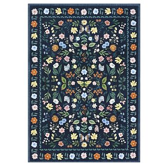 Pink Indoor Farmhouse Soft Non Slip Floral Butterflies Print Machine Washable Area Rug