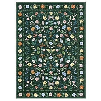 Pink Indoor Farmhouse Soft Non Slip Floral Butterflies Print Machine Washable Area Rug