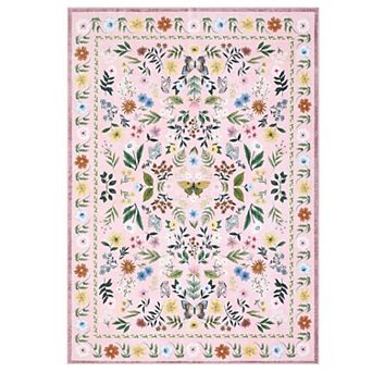 Pink Indoor Farmhouse Soft Non Slip Floral Butterflies Print Machine Washable Area Rug
