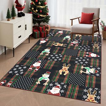 Soft Christmas Area Rugs with Santa and Deer Motifs Washable Non Slip Winter Holiday Carpet for